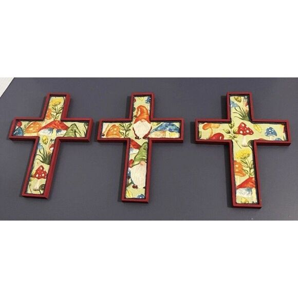 3 MCM Hand Made Painted Decorative Wooden Cross’s gnome and mushroom Design 70's - Picture 1 of 16